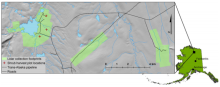 Three LiDAR collection footprints in pale green for study area in Northern Alaska Location of study area in northern Alaska.