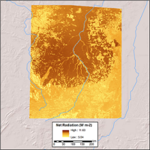 Map of the upper Xingu River Basin showing average daily net radiation. Average daily net radiation.