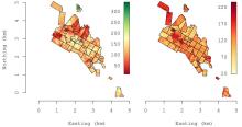 Predicted 2012 AGB (left) and associated 95% credible interval width (right) in Mg/ha for the PEF (from Babcock et al. 2016). Predicted 2012 AGB (left) and associated 95% credible interval width (right) in Mg/ha for the PEF (from Babcock et al. 2016).